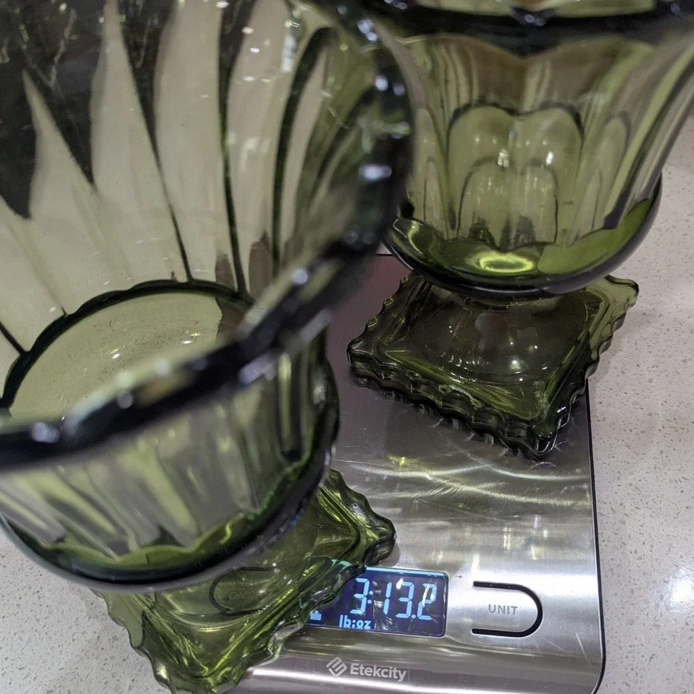 Indiana Glass Pedestal Vases Avocado Green Scalloped Rim Set of 2